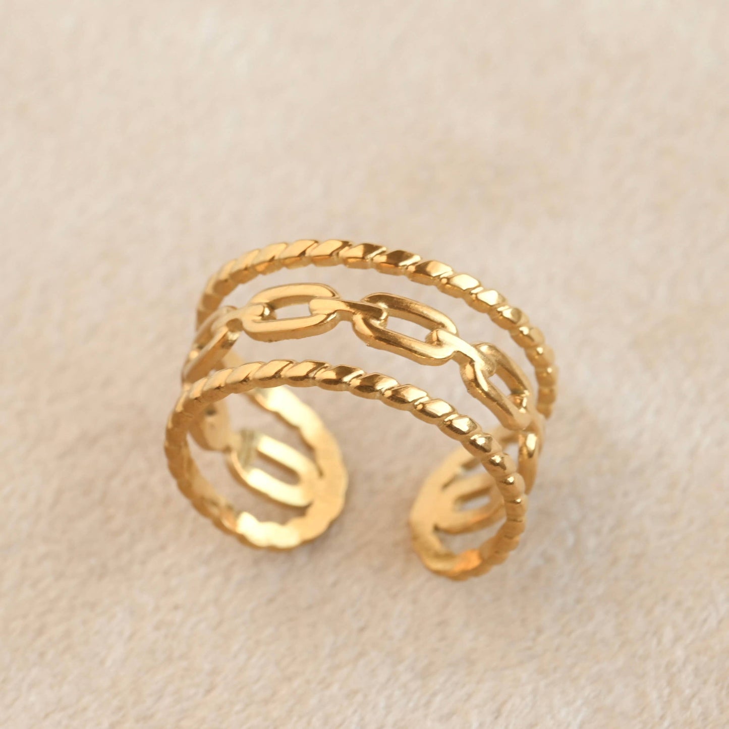 Layered Gold Rings - Adjustable Open Curb Ring - Boho Ring -