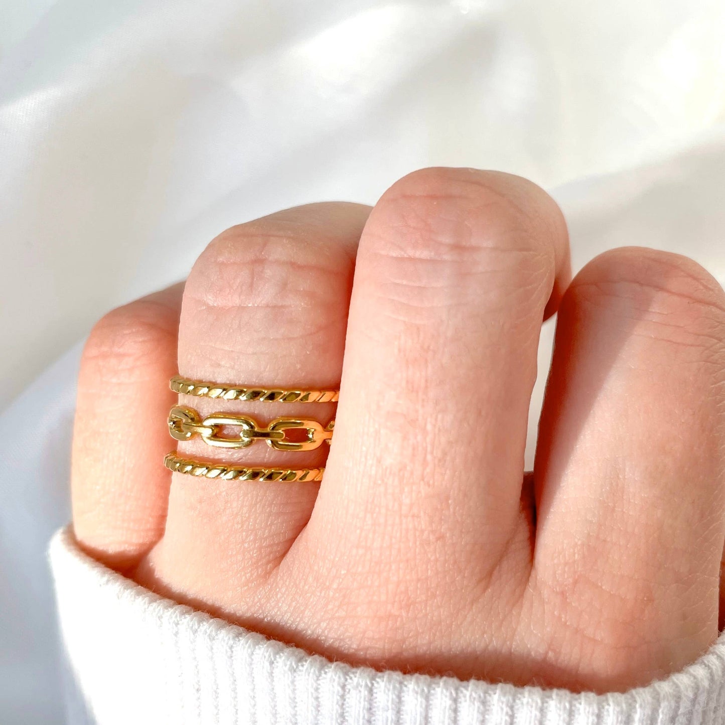 Layered Gold Rings - Adjustable Open Curb Ring - Boho Ring -