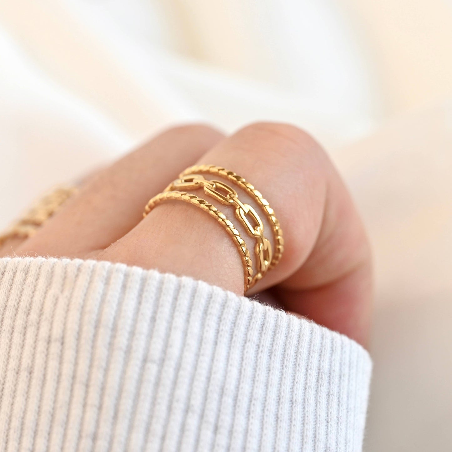 Layered Gold Rings - Adjustable Open Curb Ring - Boho Ring -