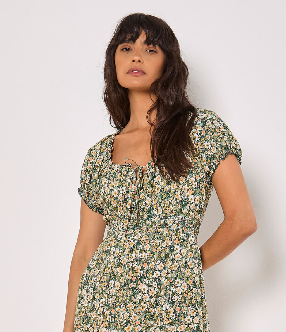 Watercolour Ditsy Milkmaid Detail Midi Dress