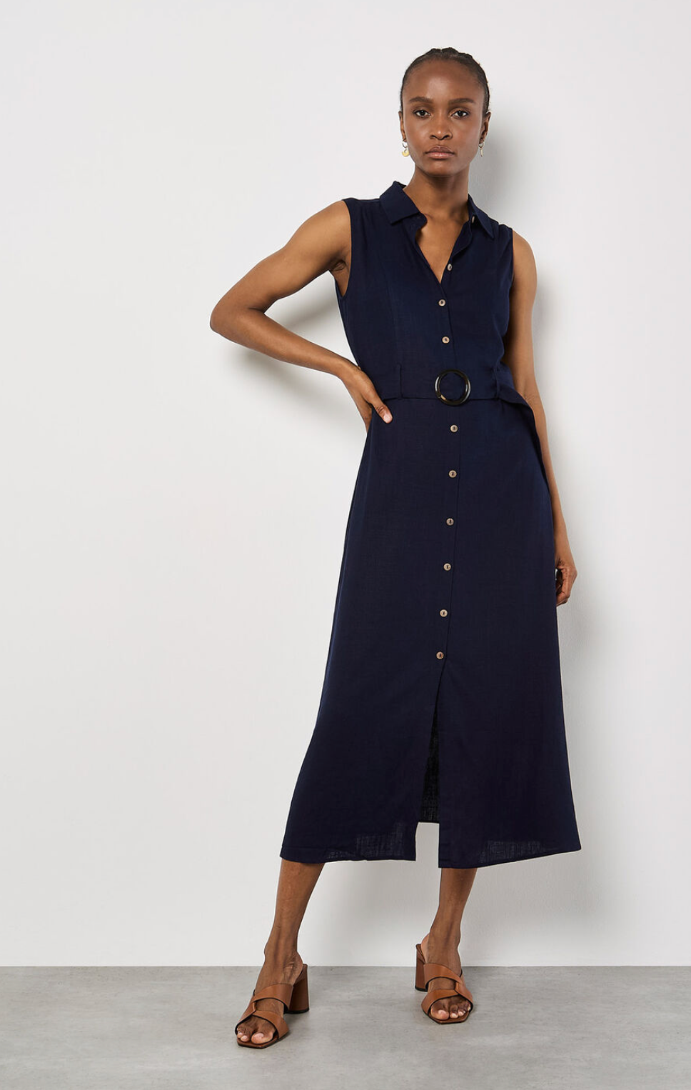 Linen Blend Shirt Midi Dress