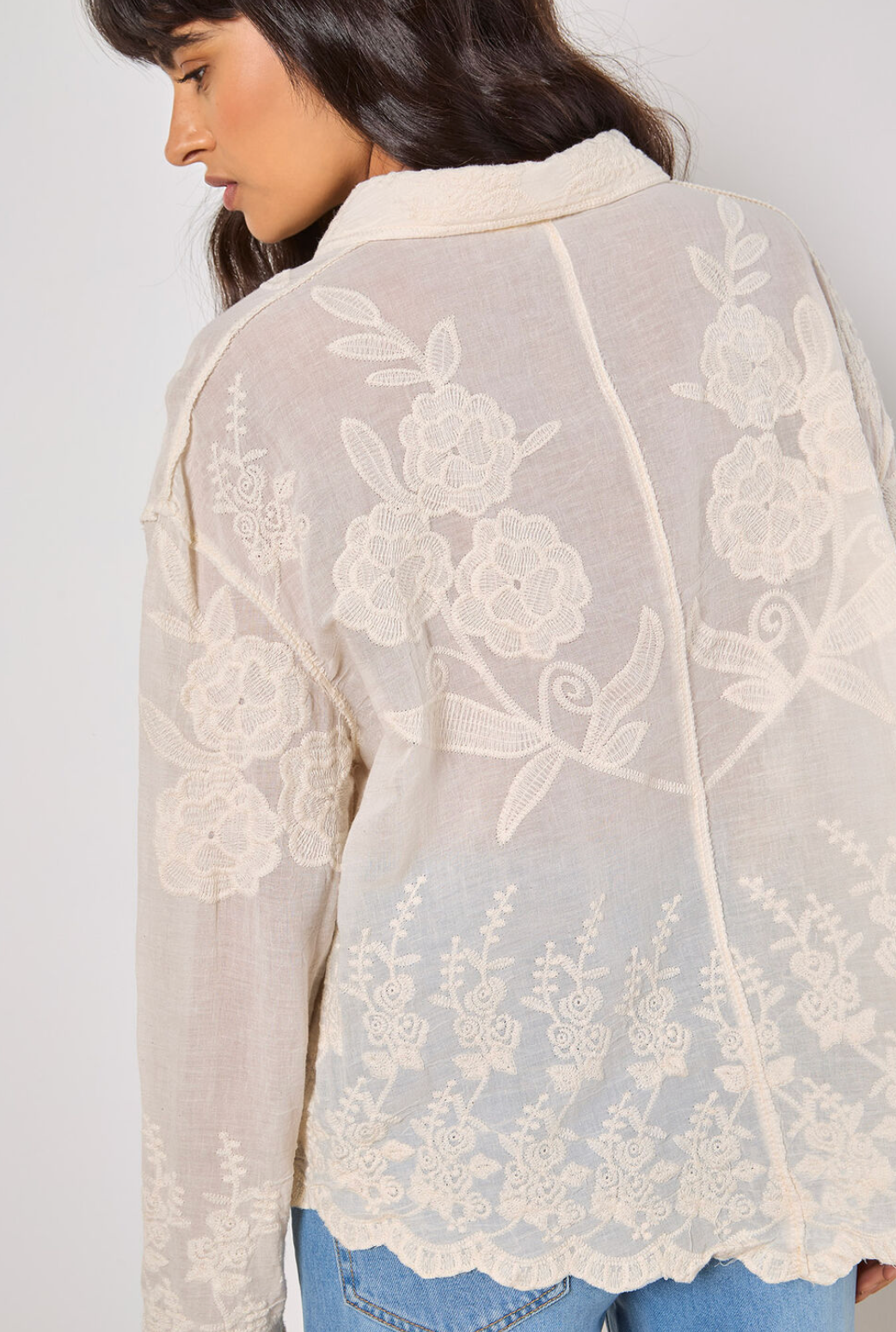 Apricot- Embroidered Cottton Scallop Hem Shirt