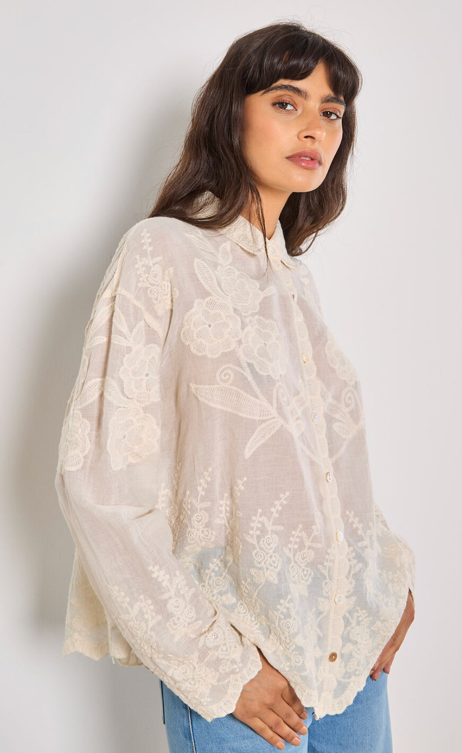 Apricot- Embroidered Cottton Scallop Hem Shirt