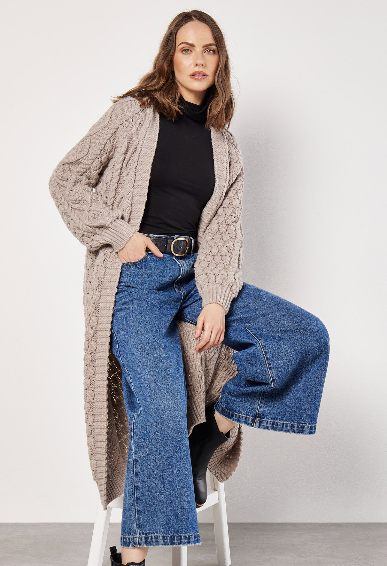 Cable Knit Open Midi Cardigan