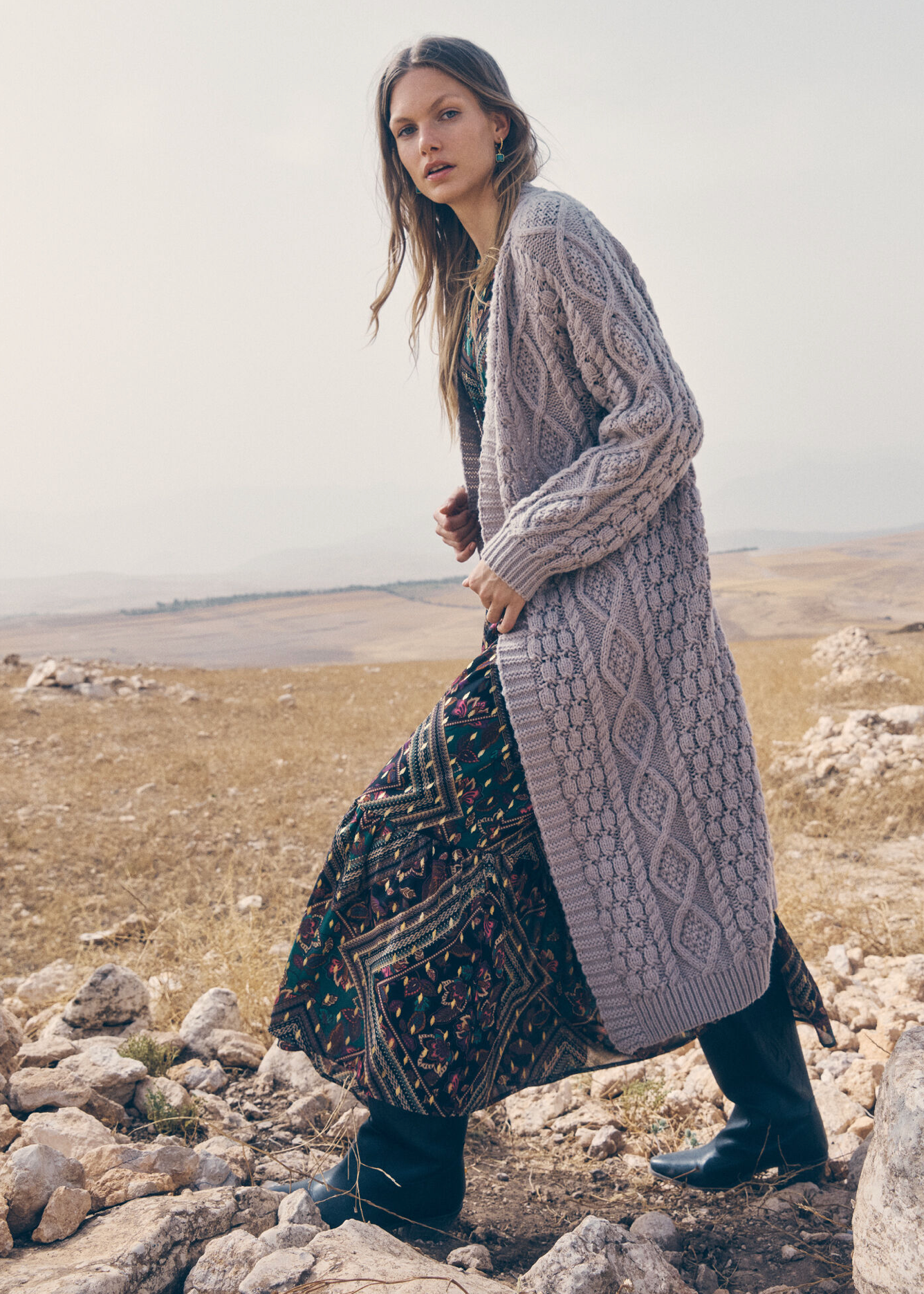 Cable Knit Open Midi Cardigan