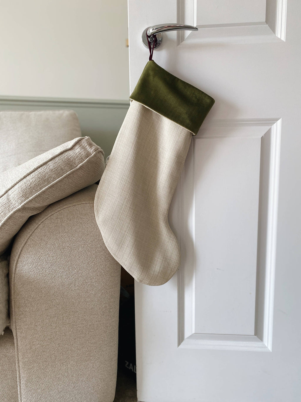 Cream Linen Textured Luxury Velvet-Lined Christmas Stocking