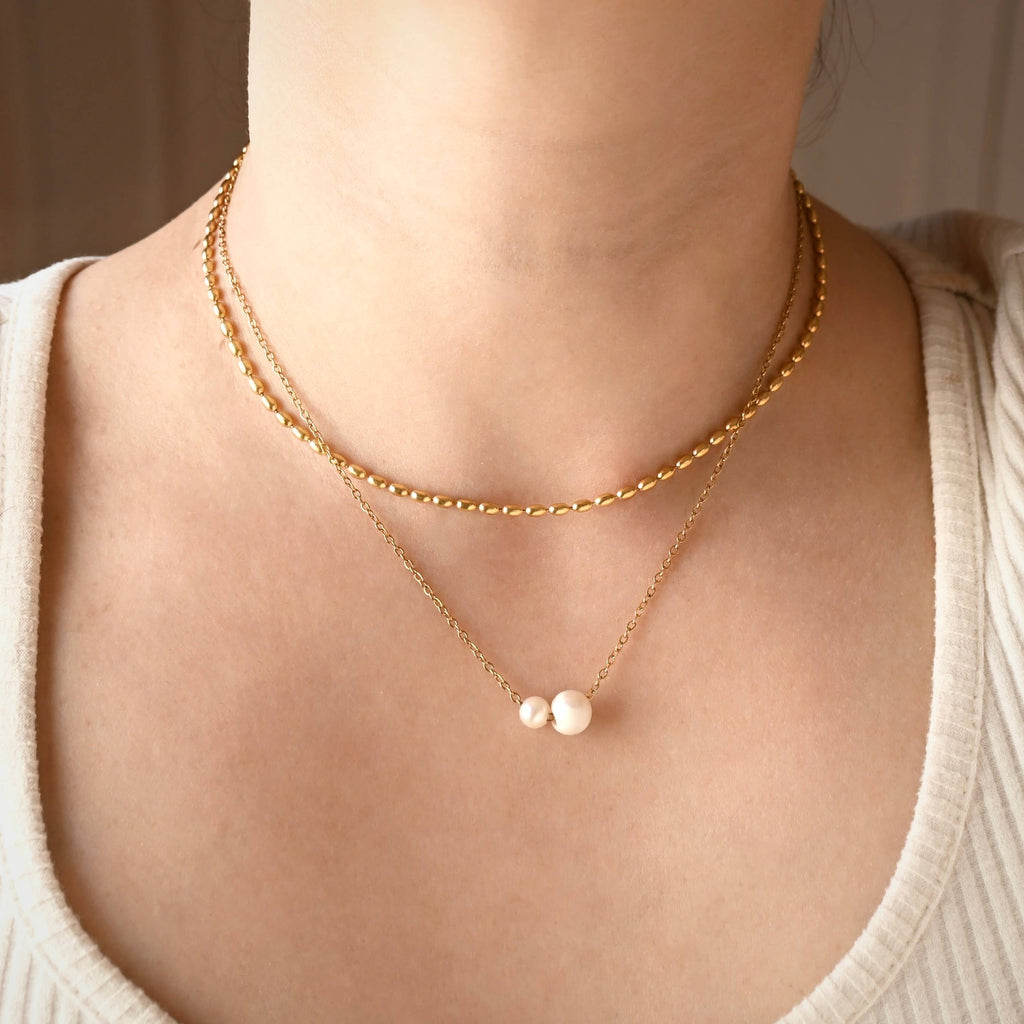 Blueyejewelry - Oval Beaded Chain Necklace - Dainty Gold Layering Necklace