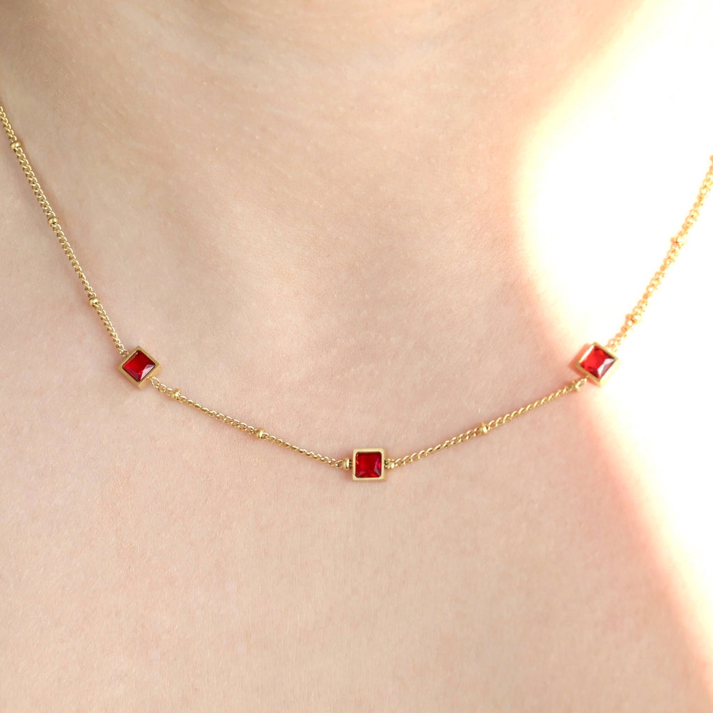 Blueyejewelry - Square Garnet Diamond Necklace - 18k Gold Stainless Steel