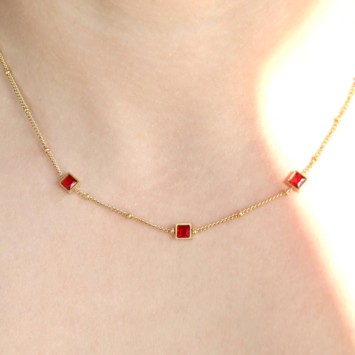 Blueyejewelry - Square Garnet Diamond Necklace - 18k Gold Stainless Steel