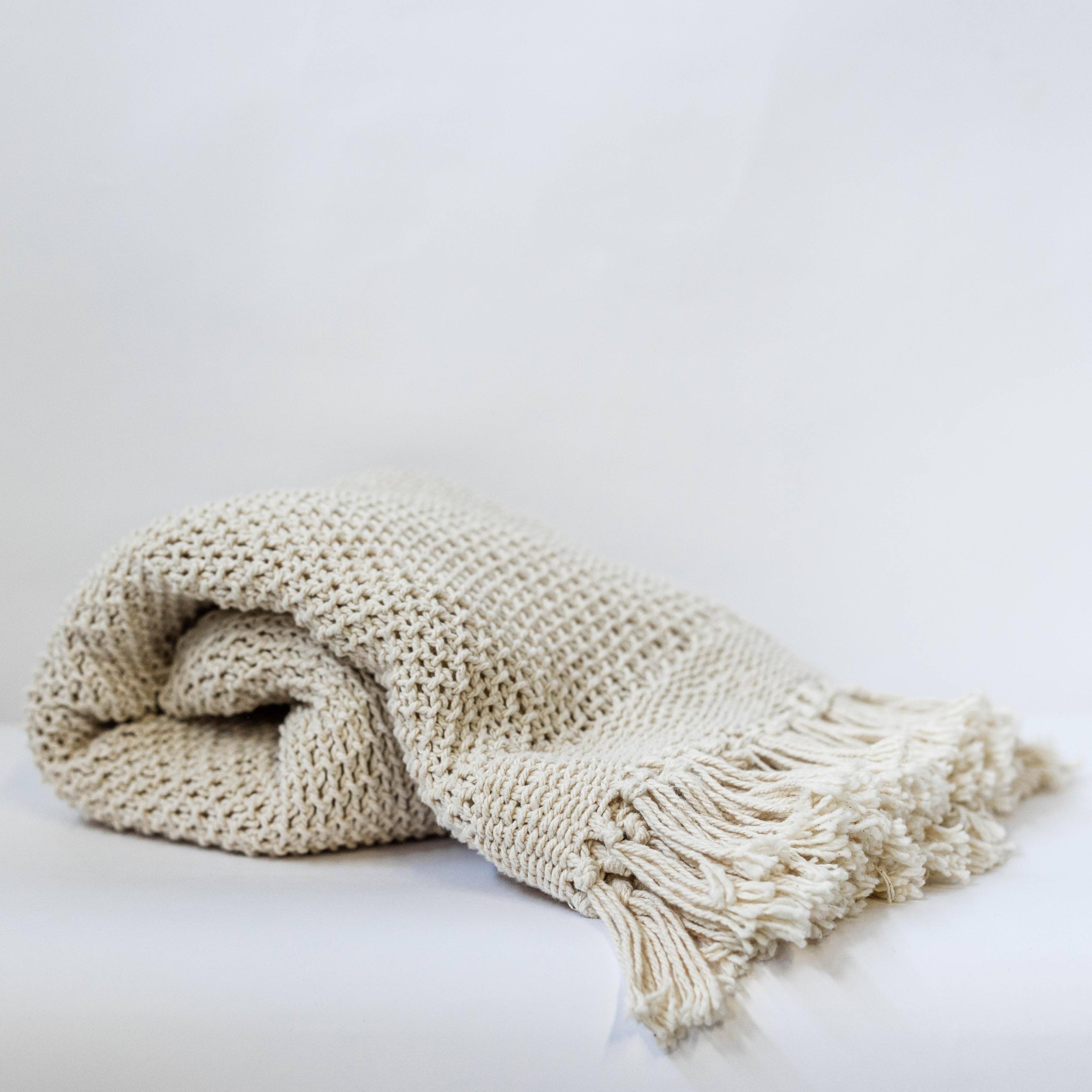 50" x 65" Knitted Cream Cotton Throw