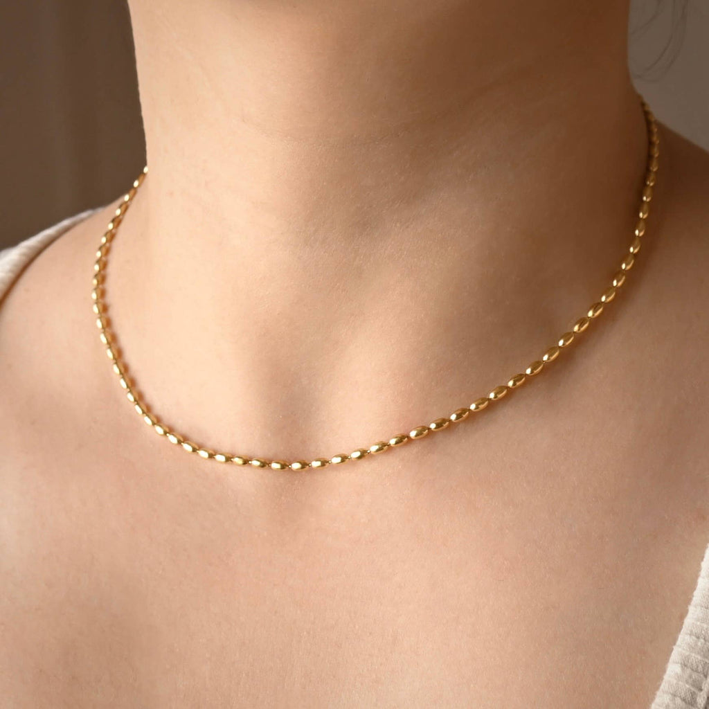 Blueyejewelry - Oval Beaded Chain Necklace - Dainty Gold Layering Necklace