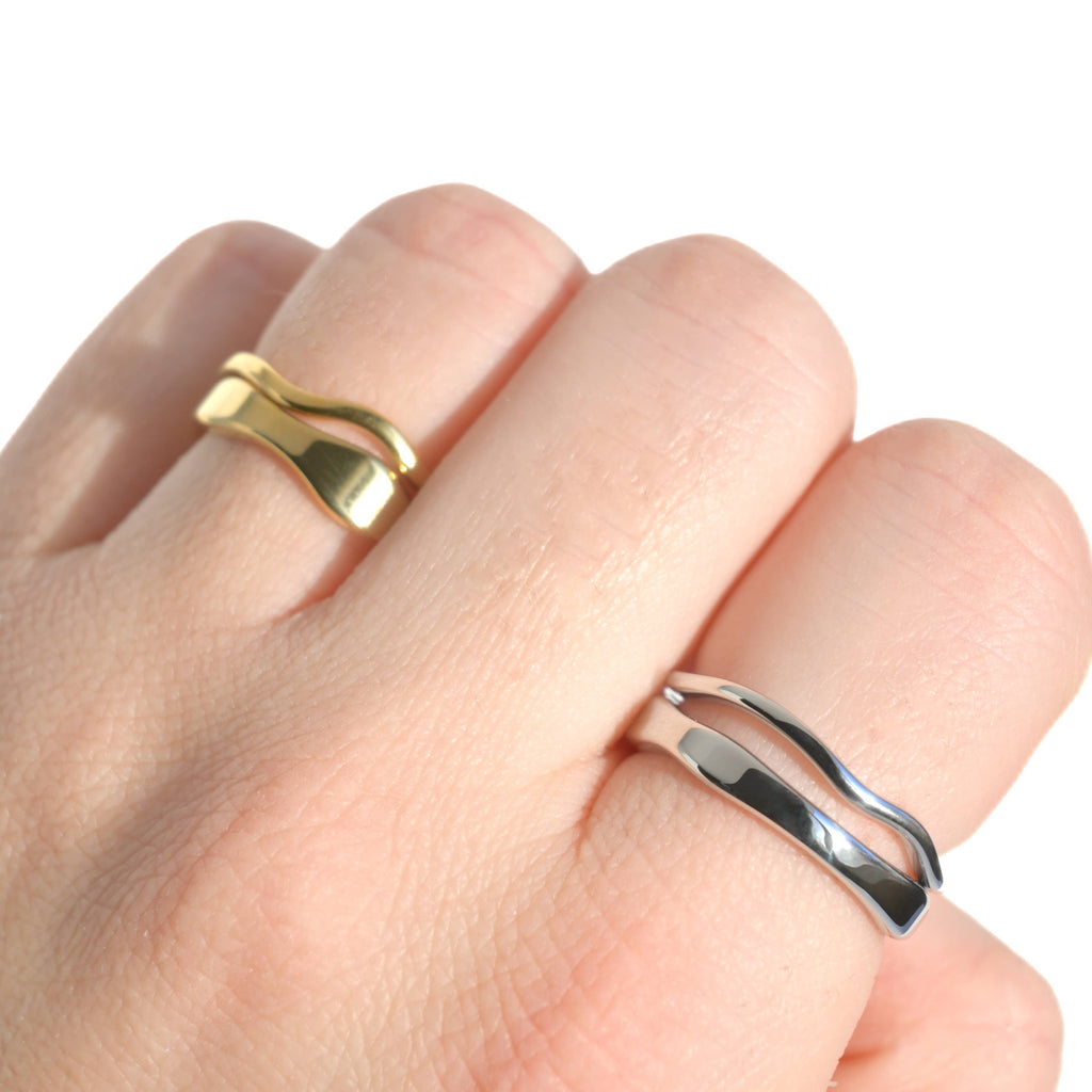 Tarnish-proof Gold Ring Set - 18k Gold Wave Rings