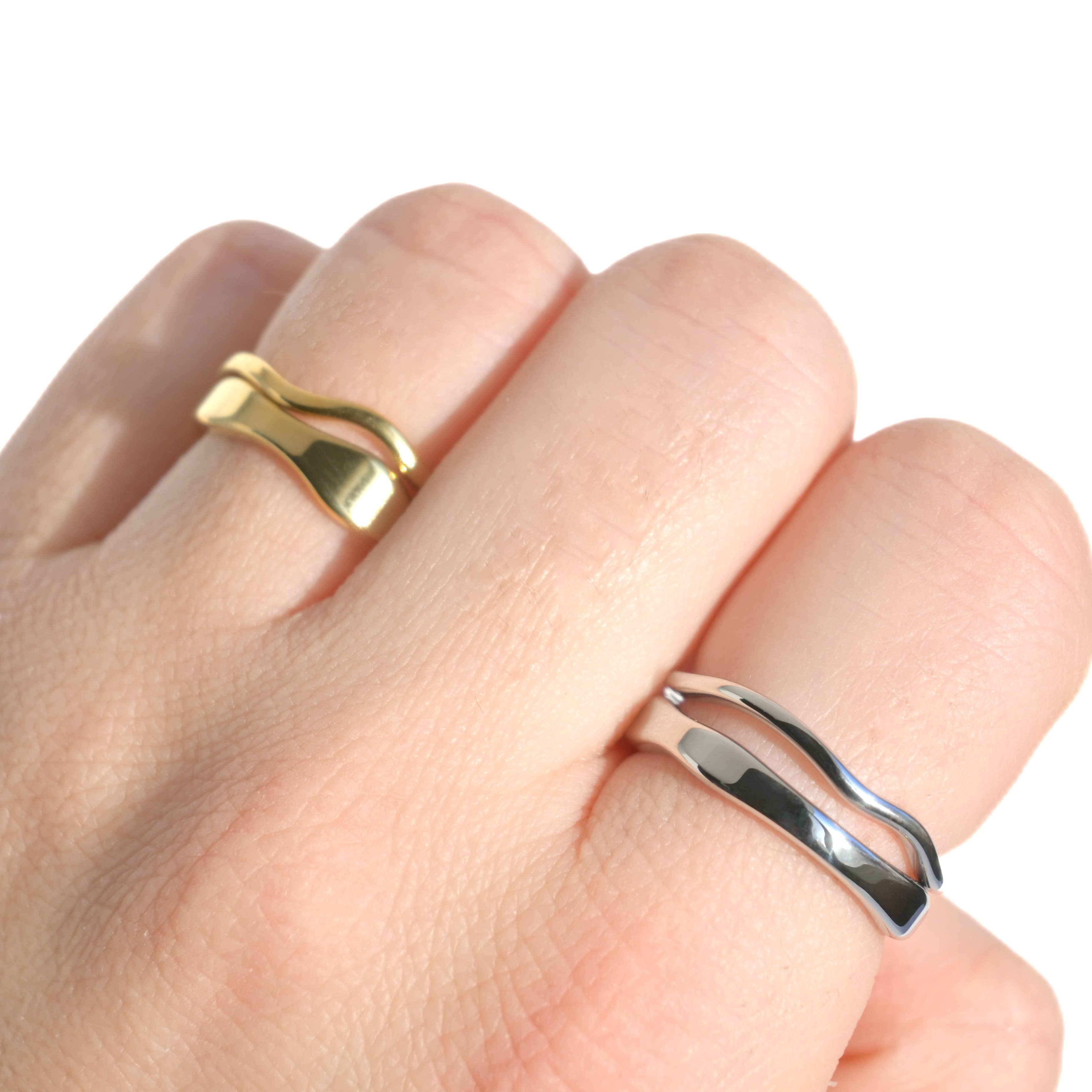 Tarnish-proof Gold Ring Set - 18k Gold Wave Rings