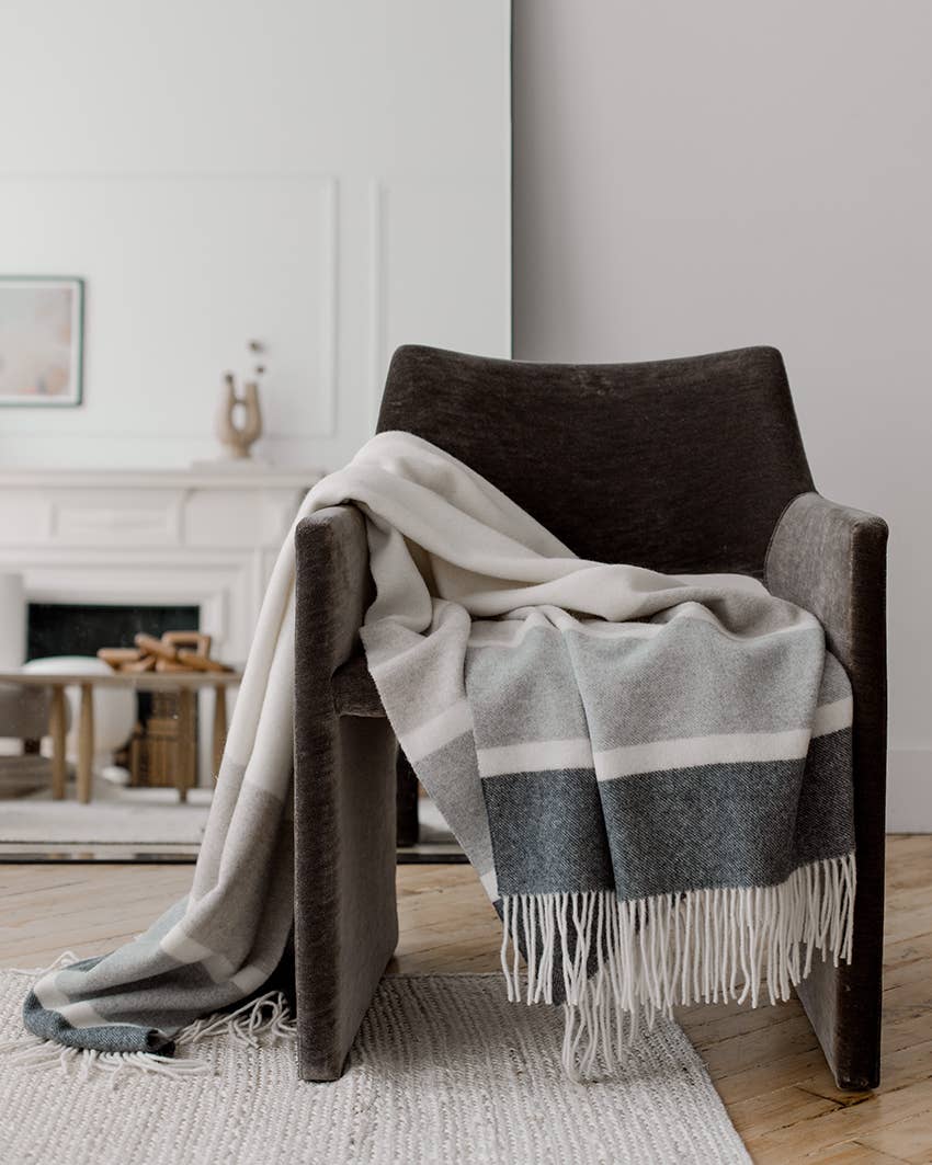Manhattan Wool Throw - White, Otter Beige with Grey Stripes