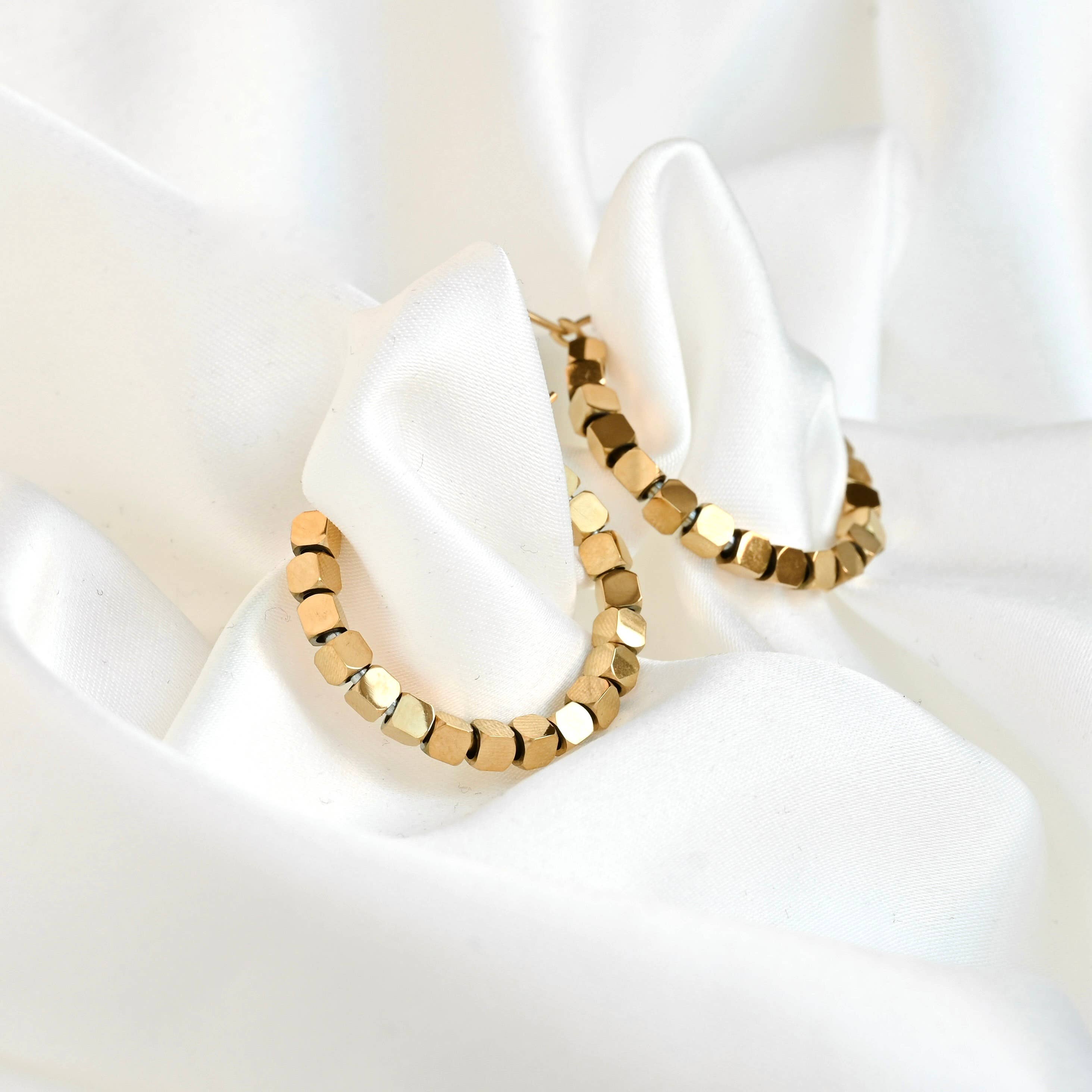 Blueyejewelry - Medium Gold Cube Bead Hoop Earrings- Stainless Steel