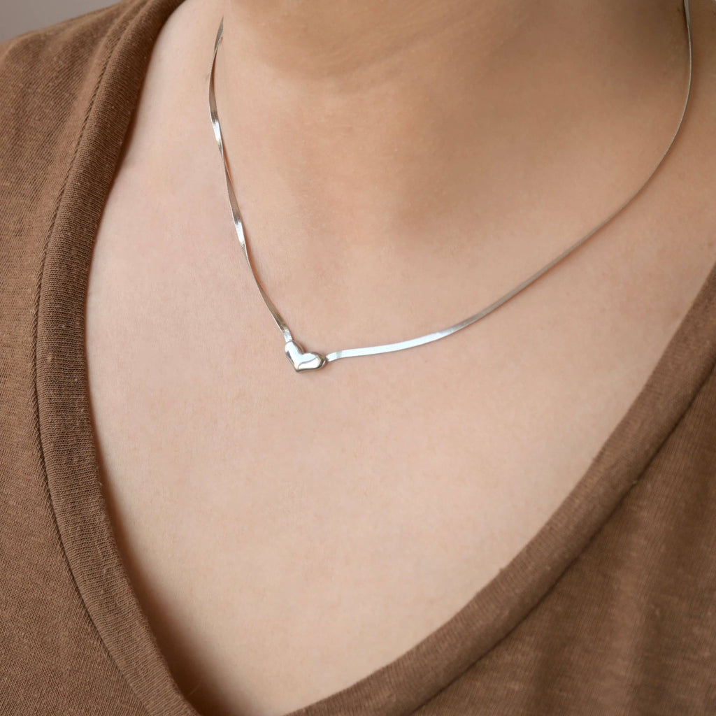 Herringbone Heart Necklace - Dainty Herringbone Necklace