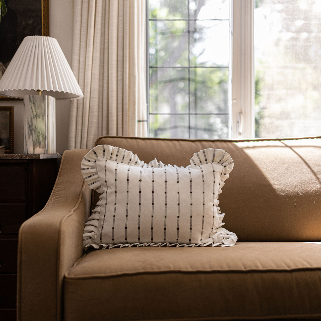 Luxe B Co - Ruffle Lumbar Pillow Cover Embroidery Olive Green Stripes