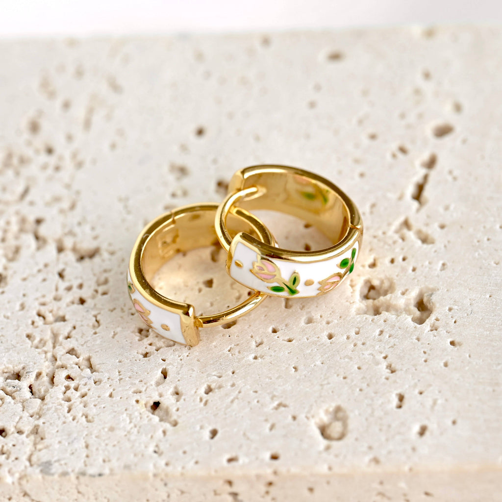 Blueyejewelry - Gold Enamel Tulip Flower Hoop Earrings - 925 Sterling Silver