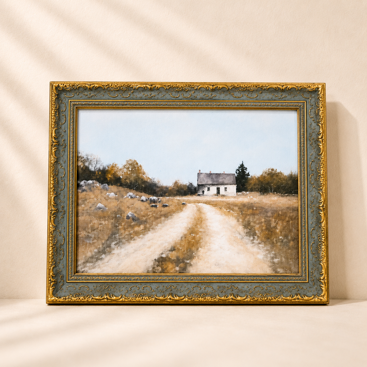 Vintage Farm House artwork showing a winding country lane leading to a white farmhouse in an ornate grey-and-gold frame.