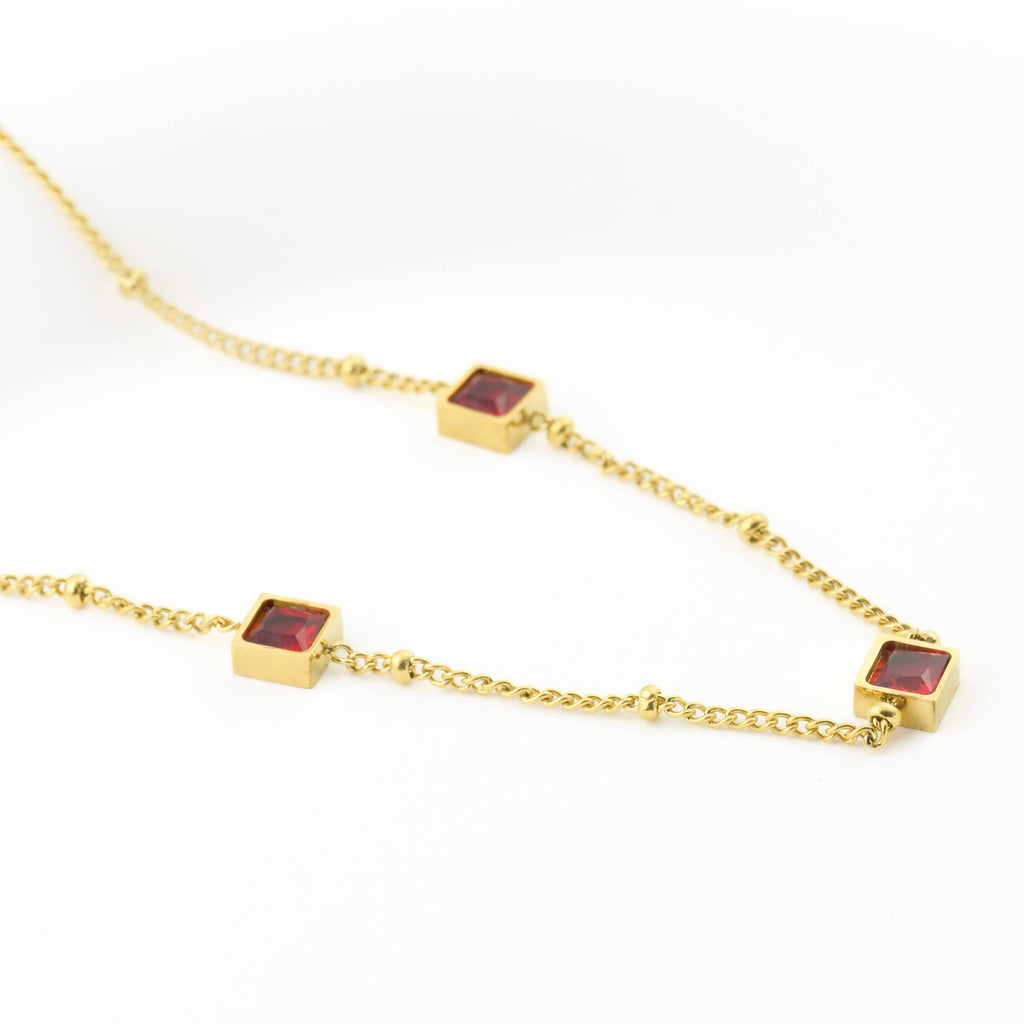 Blueyejewelry - Square Garnet Diamond Necklace - 18k Gold Stainless Steel