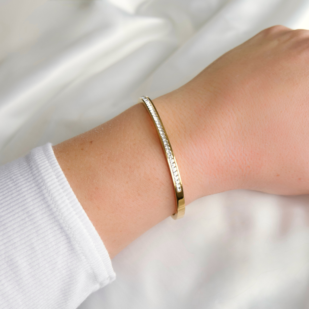 Blueyejewelry - Channel Set Hinged Bangle - Gold CZ Bangle - Cuff Bracelet