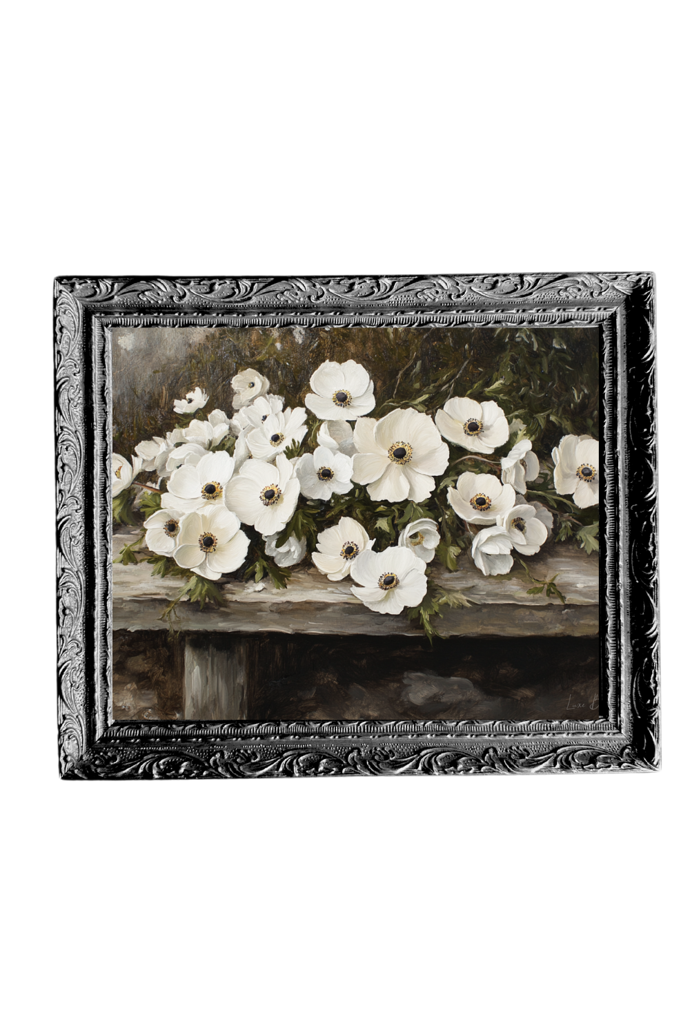 Luxe B Co- Rustic White Petal Flower | French Black Mould Framed Art