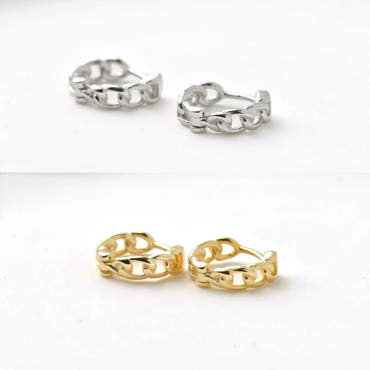 Curb Link Hoops, Clover Studs & Ear Cuffs Set - 925 Silver