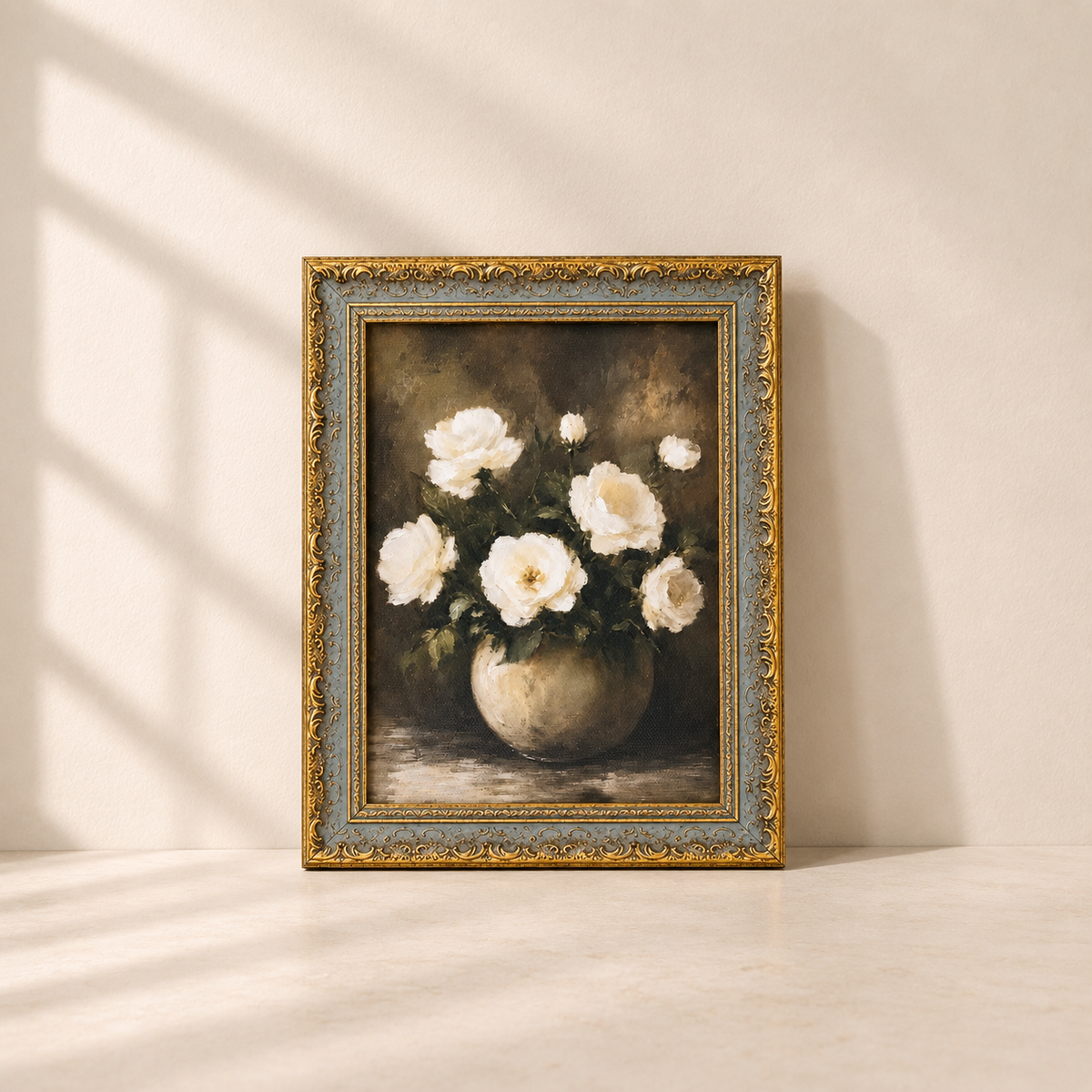 Garden Roses artwork showing white roses in a rounded vase against a dark background, with an ornate grey-and-gold frame.