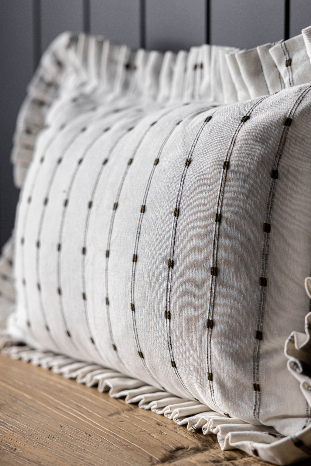 Luxe B Co - Ruffle Lumbar Pillow Cover Embroidery Olive Green Stripes