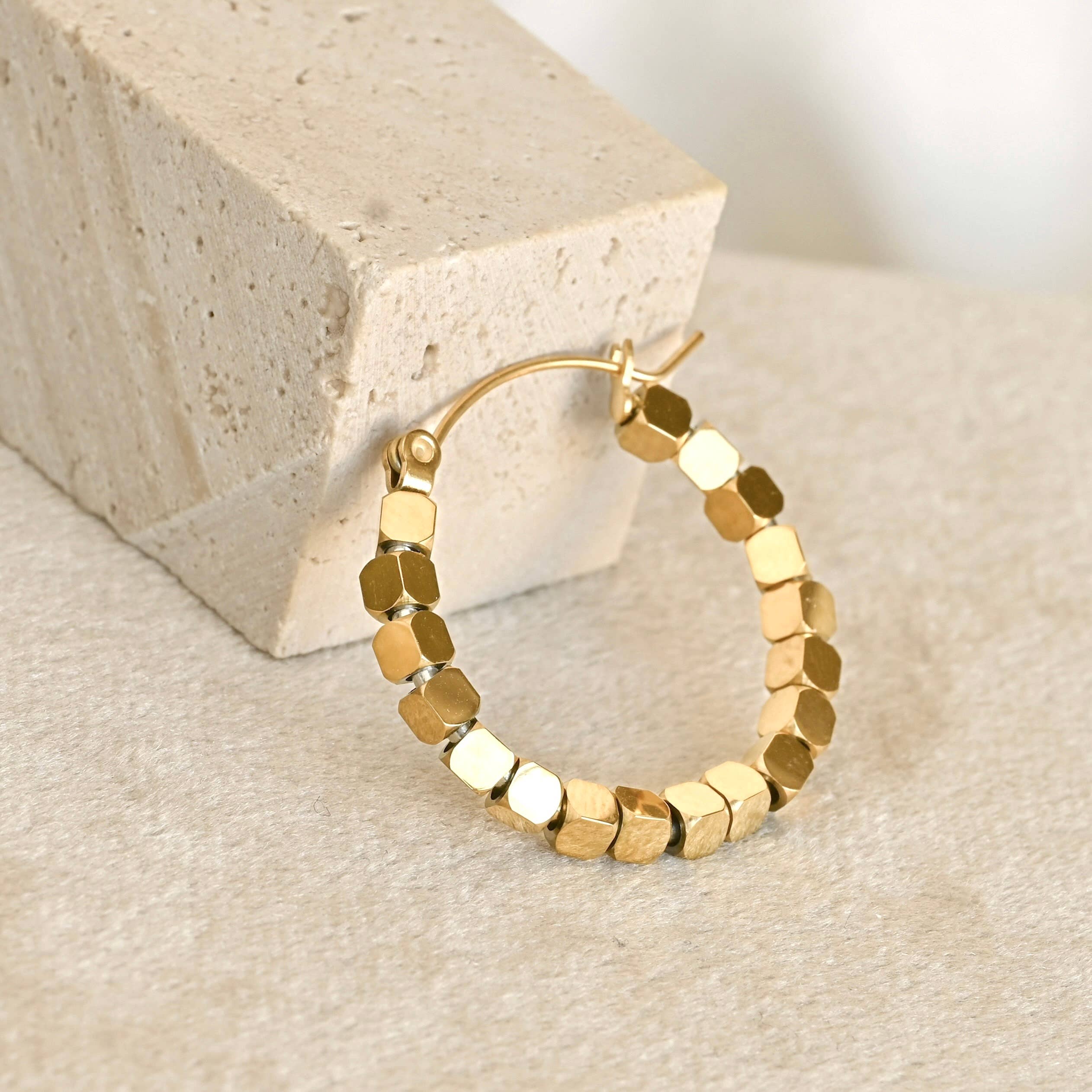 Blueyejewelry - Medium Gold Cube Bead Hoop Earrings- Stainless Steel