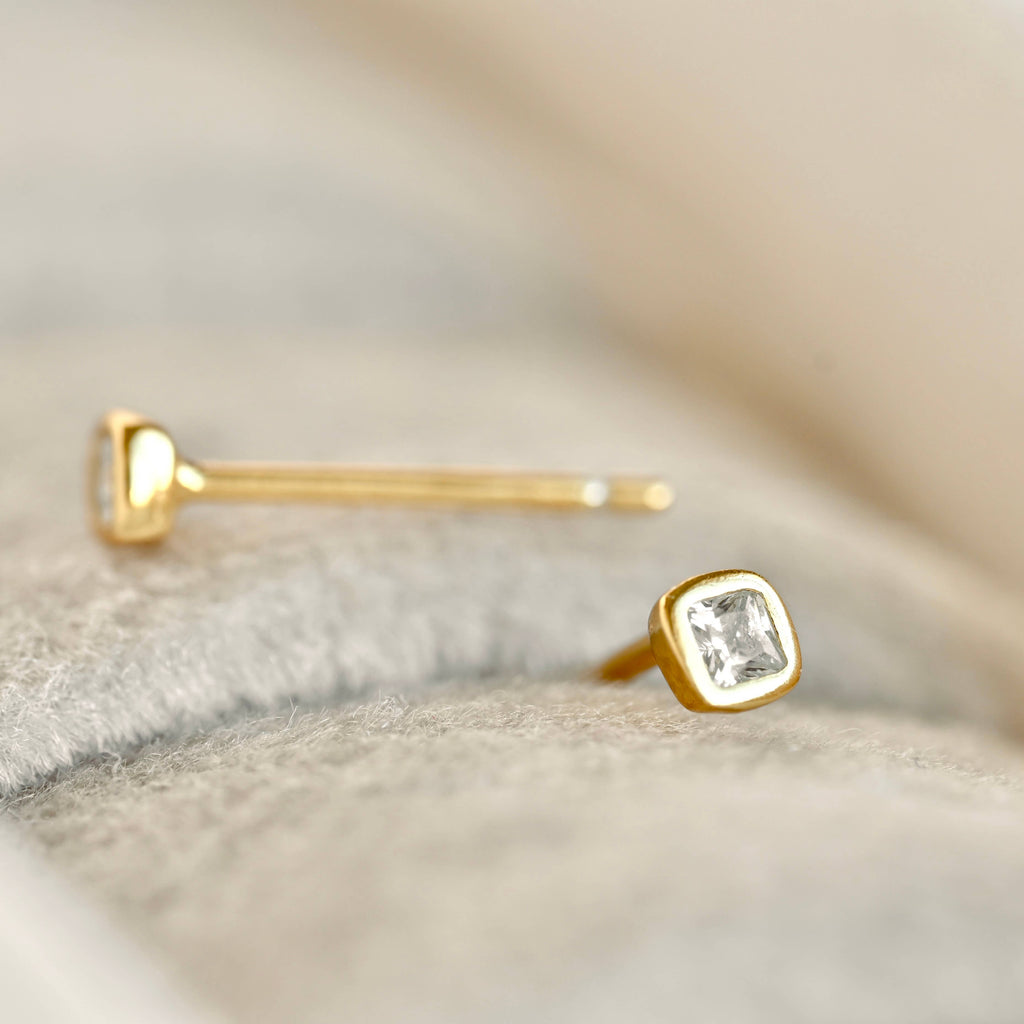 Silver Square Studs - 925 Silver Mini Square Bezel Earrings