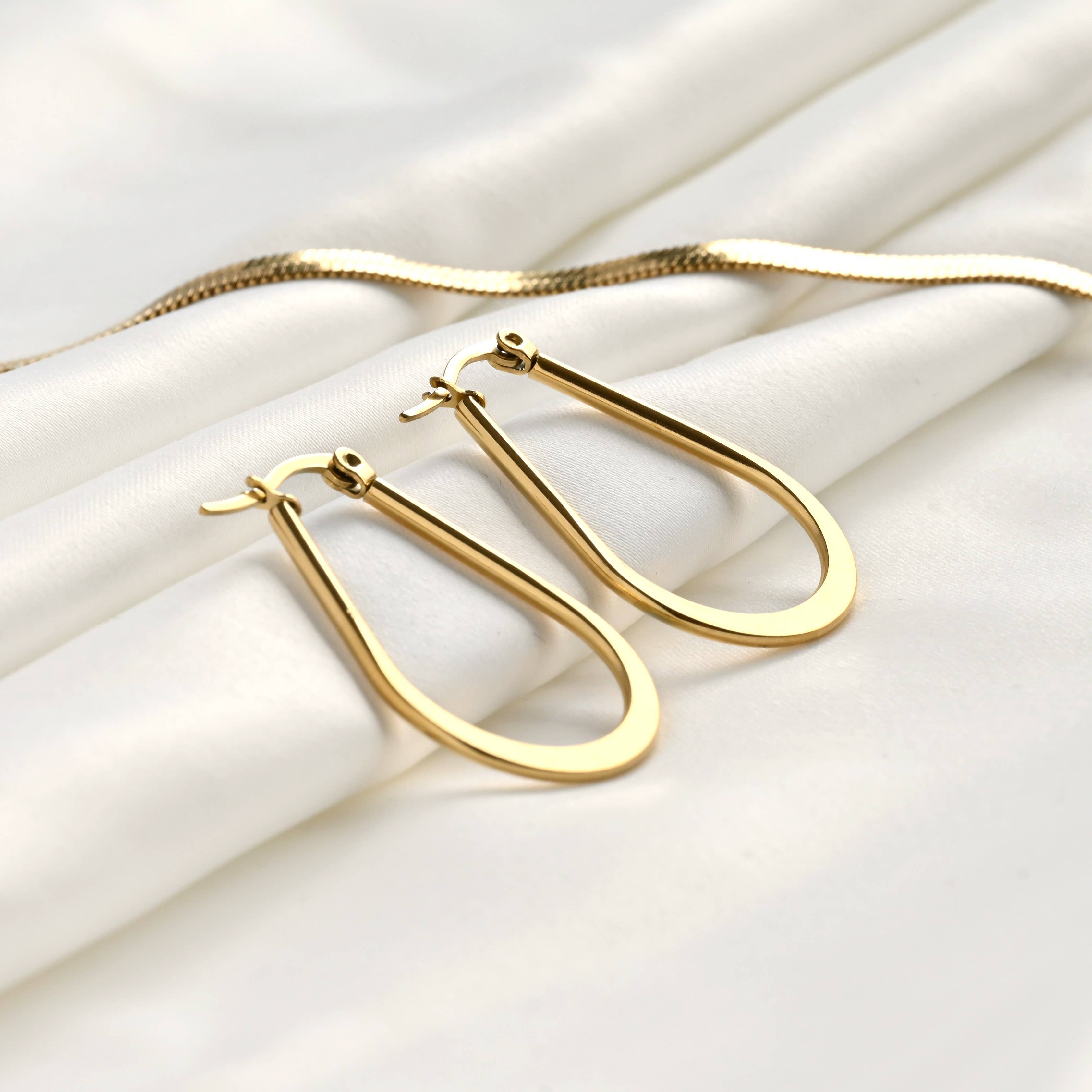 Flat Teardrop Hoops - Waterproof Thin Oval Hoop Earrings