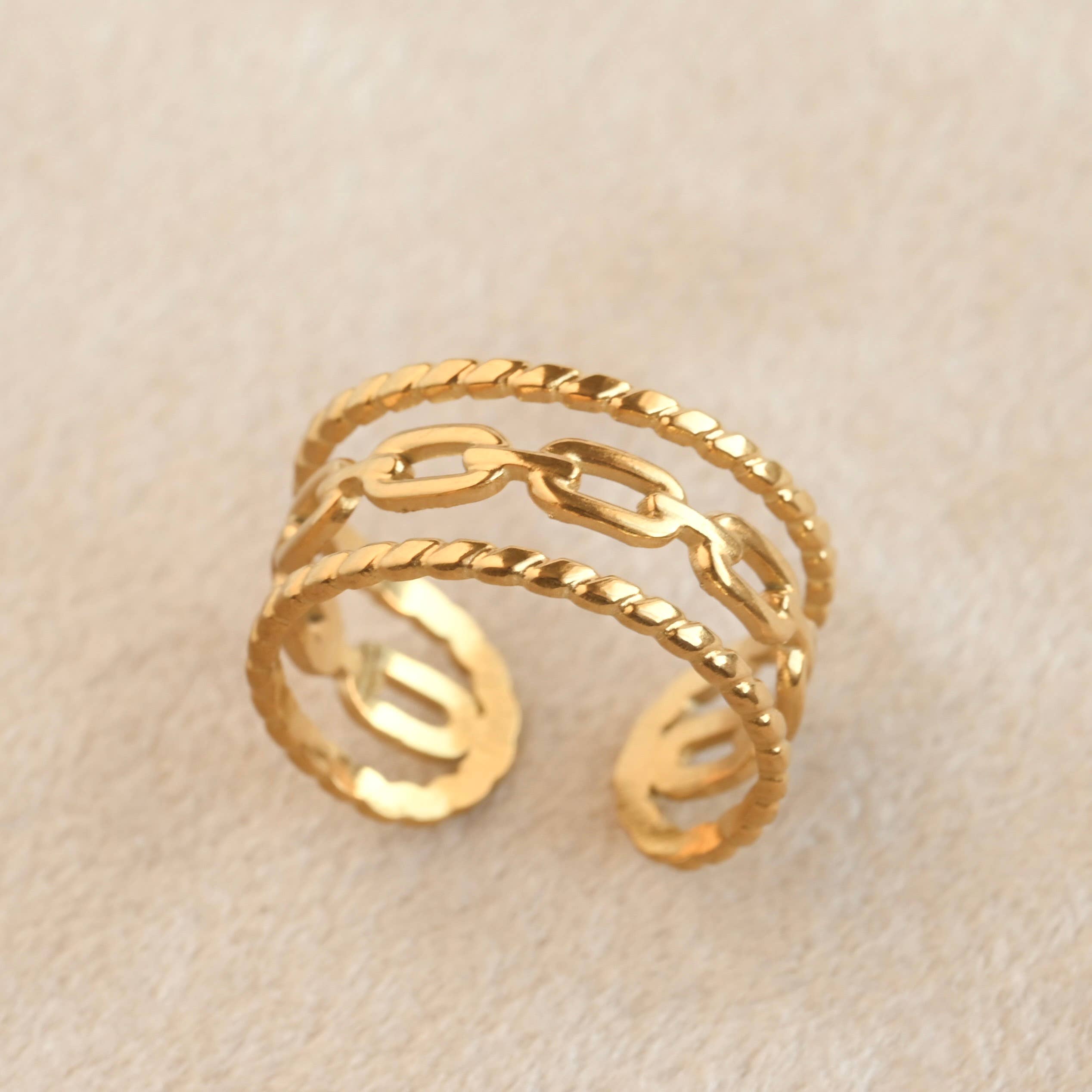 Layered Gold Rings - Adjustable Open Curb Ring - Boho Ring -