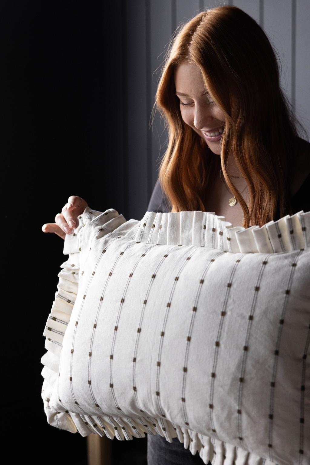 Luxe B Co - Ruffle Lumbar Pillow Cover Embroidery Olive Green Stripes