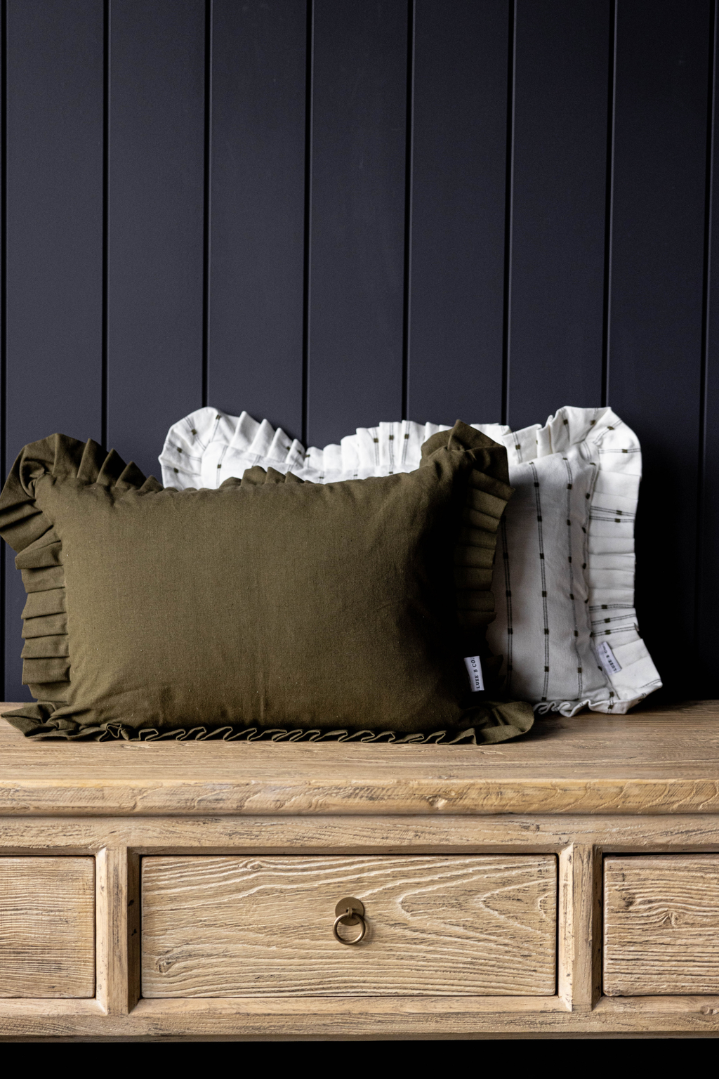 Luxe B Co - Ruffle Lumbar Pillow Cover Embroidery Olive Green Stripes