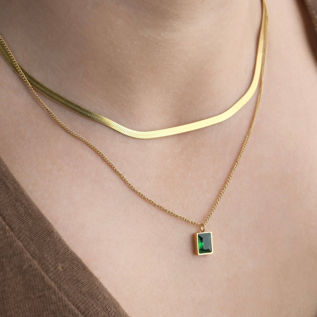 Layered Herringbone Necklace - Cushion Cut Emerald Necklace
