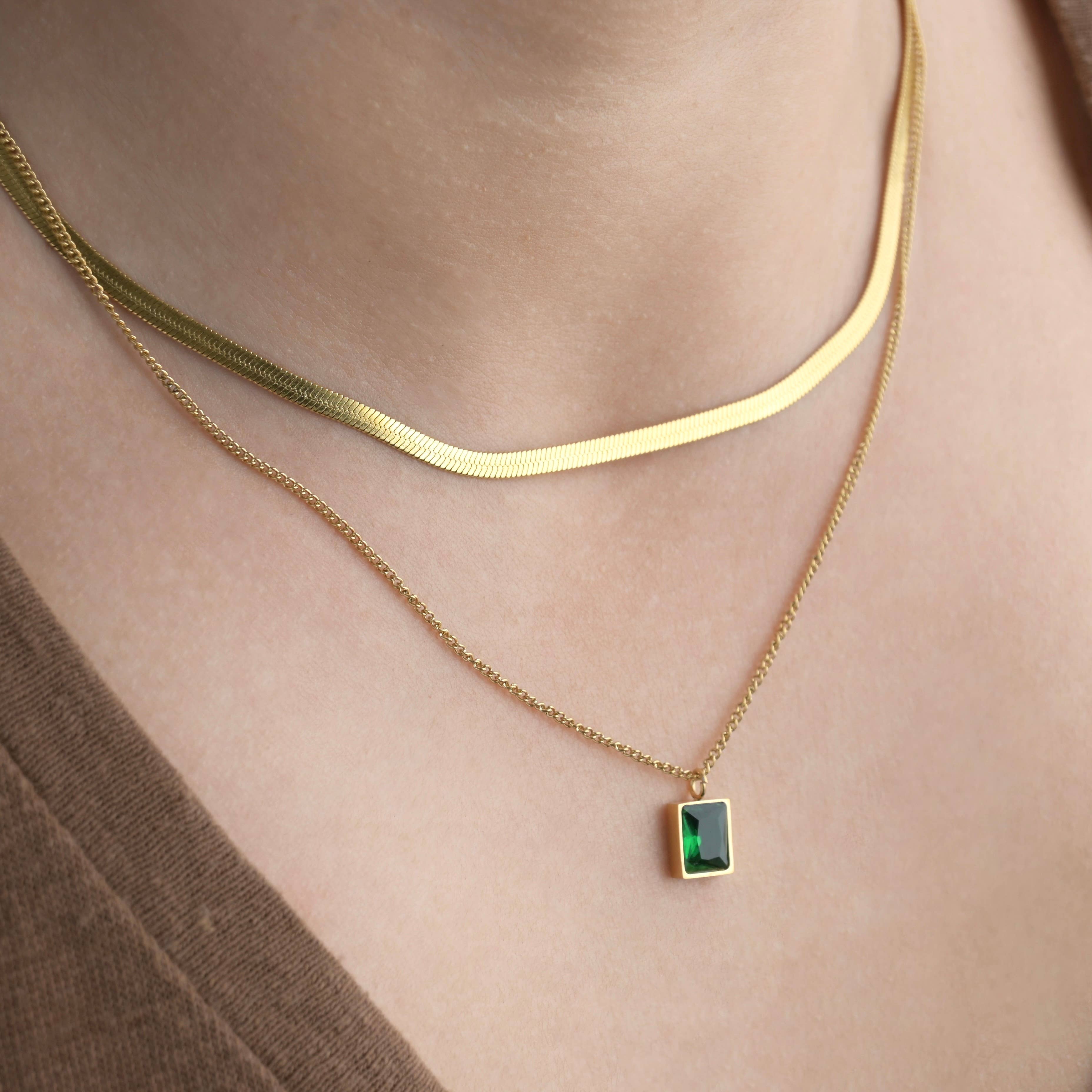 Layered Herringbone Necklace - Cushion Cut Emerald Necklace