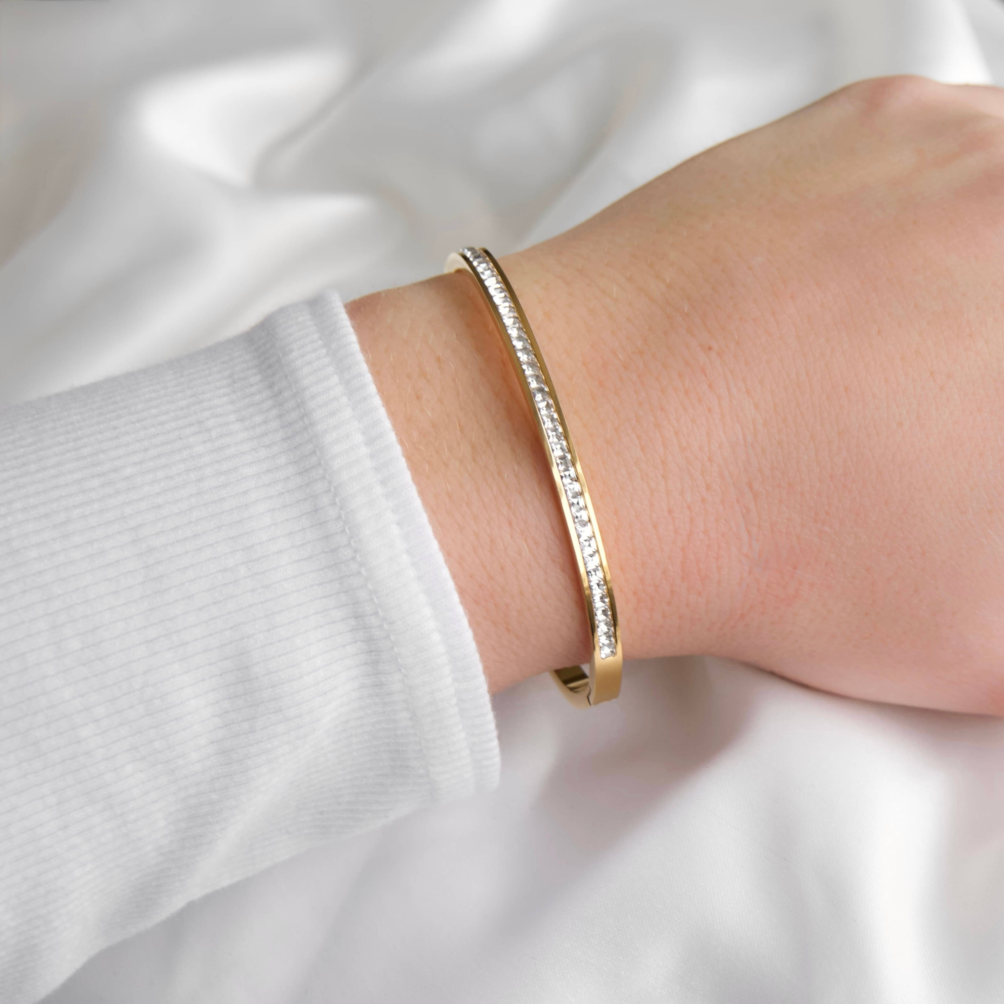 Blueyejewelry - Channel Set Hinged Bangle - Gold CZ Bangle - Cuff Bracelet