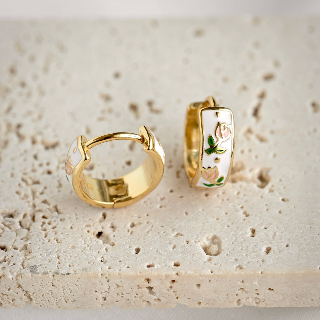 Blueyejewelry - Gold Enamel Tulip Flower Hoop Earrings - 925 Sterling Silver
