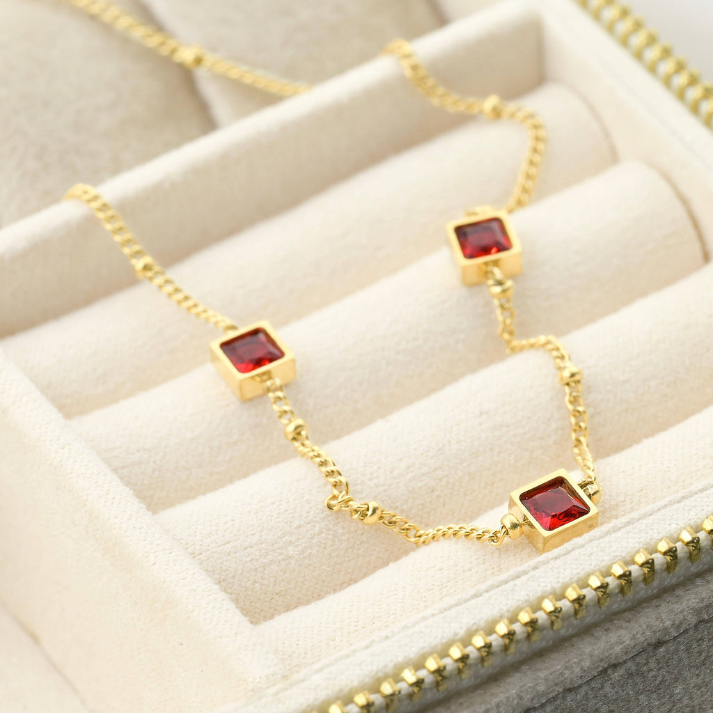 Blueyejewelry - Square Garnet Diamond Necklace - 18k Gold Stainless Steel