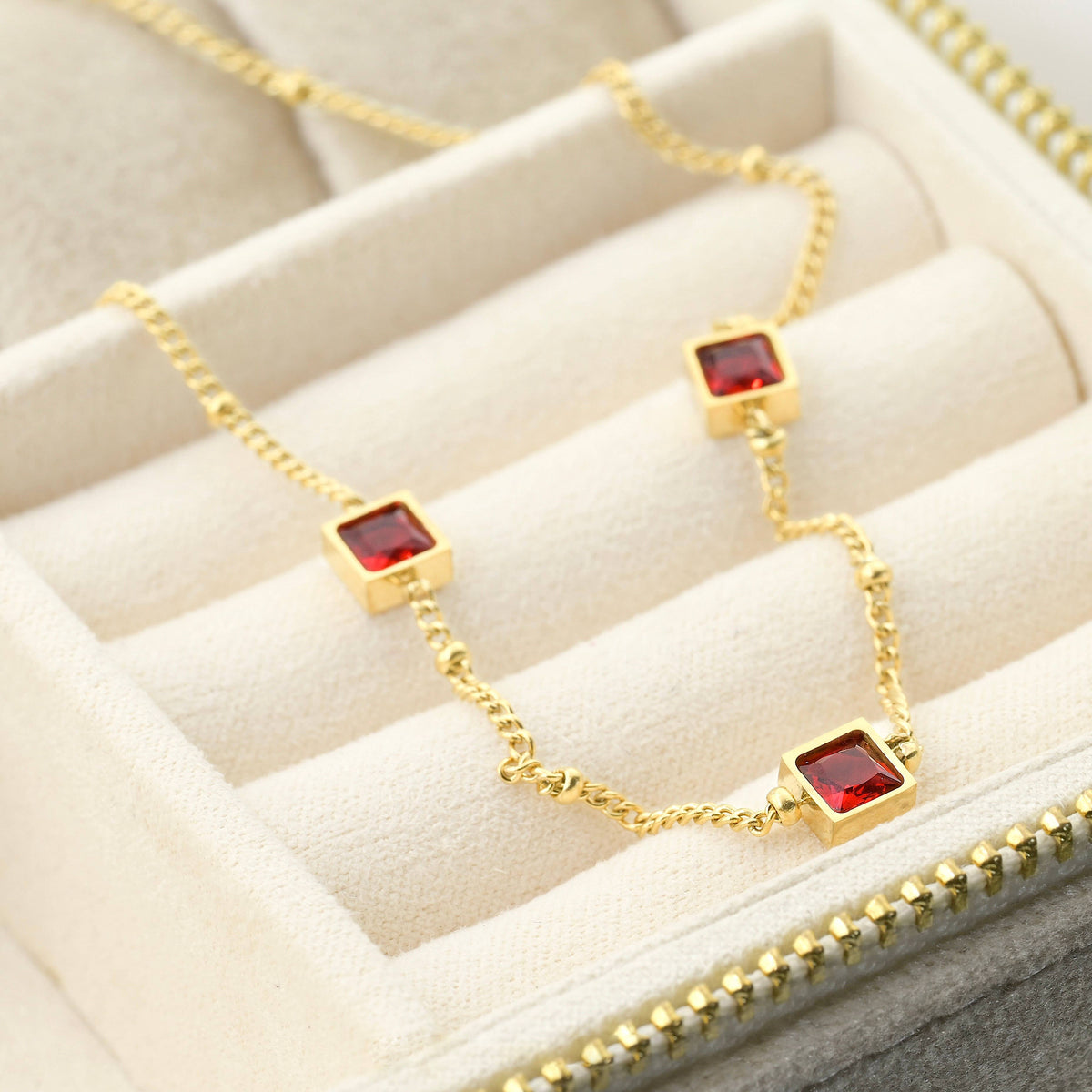Blueyejewelry - Square Garnet Diamond Necklace - 18k Gold Stainless Steel