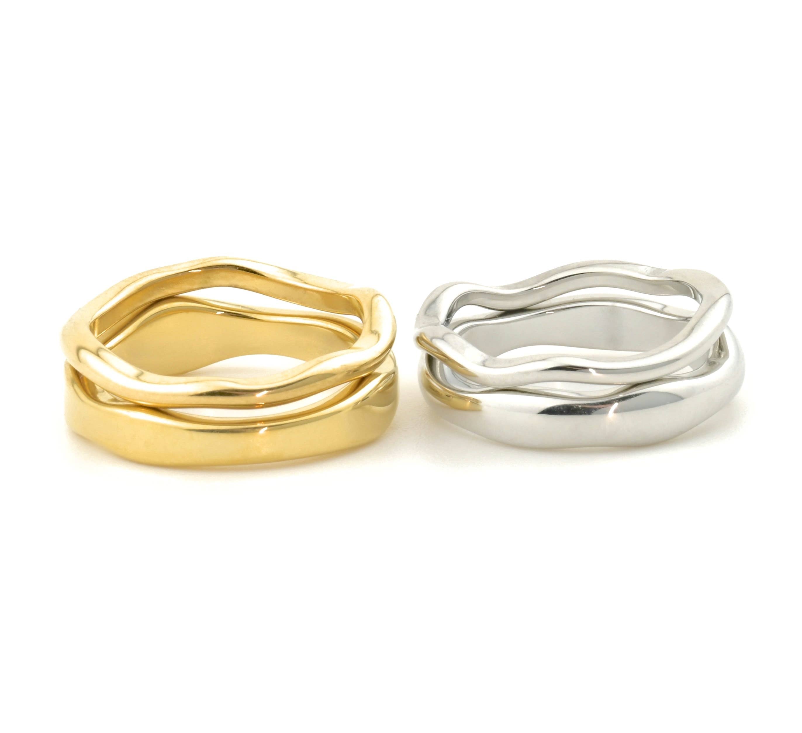 Tarnish-proof Gold Ring Set - 18k Gold Wave Rings