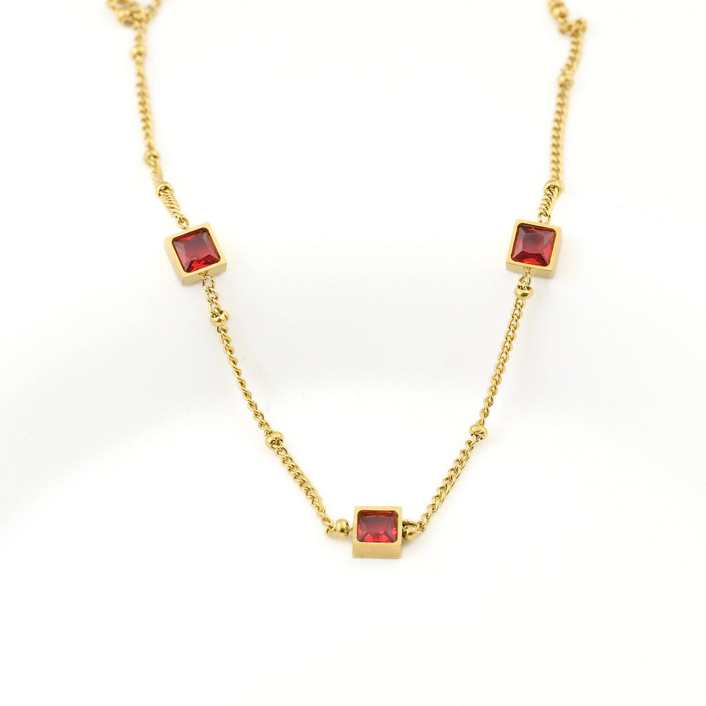 Blueyejewelry - Square Garnet Diamond Necklace - 18k Gold Stainless Steel