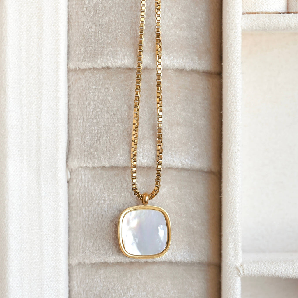 Square Mother of Pearl Necklace - Gold Square Shell Pendant