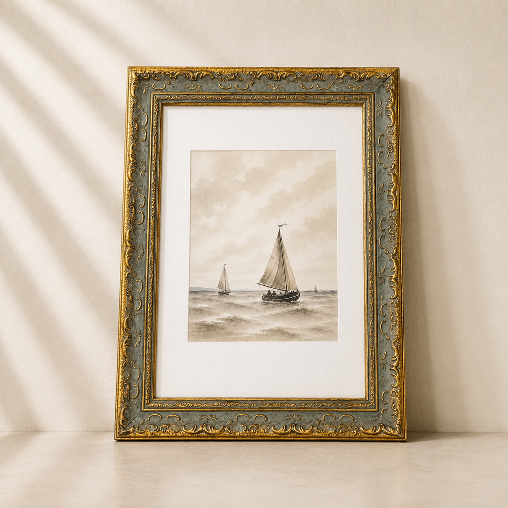Sailboats on choppy water with a white mat and ornate grey-and-gold frame, The Crossing artwork by Luxe B Co Canada.