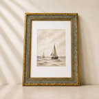 Sailboats on choppy water with a white mat and ornate grey-and-gold frame, The Crossing artwork by Luxe B Co Canada.