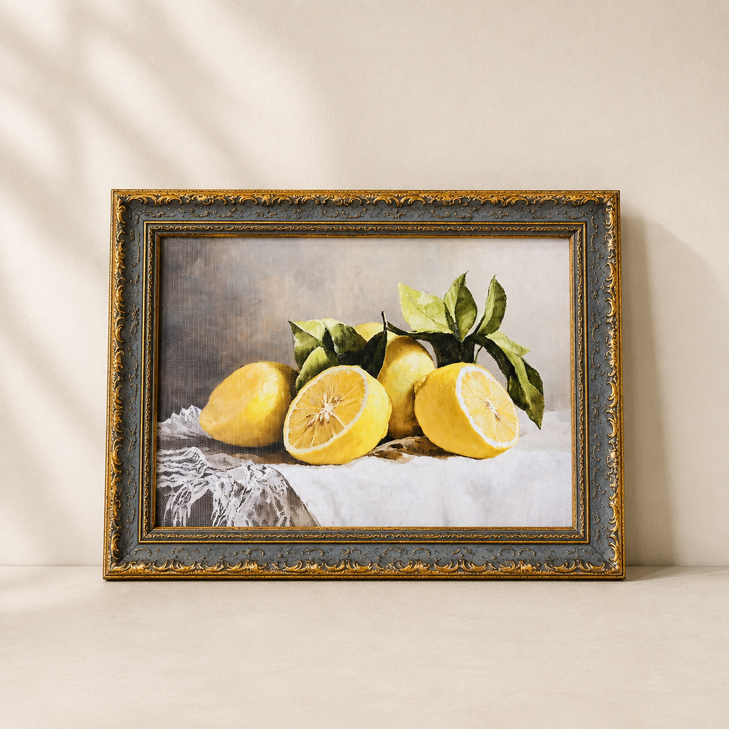 Muted Lemon Citrus artwork showing whole and halved yellow lemons with green leaves in an ornate grey-and-gold frame.