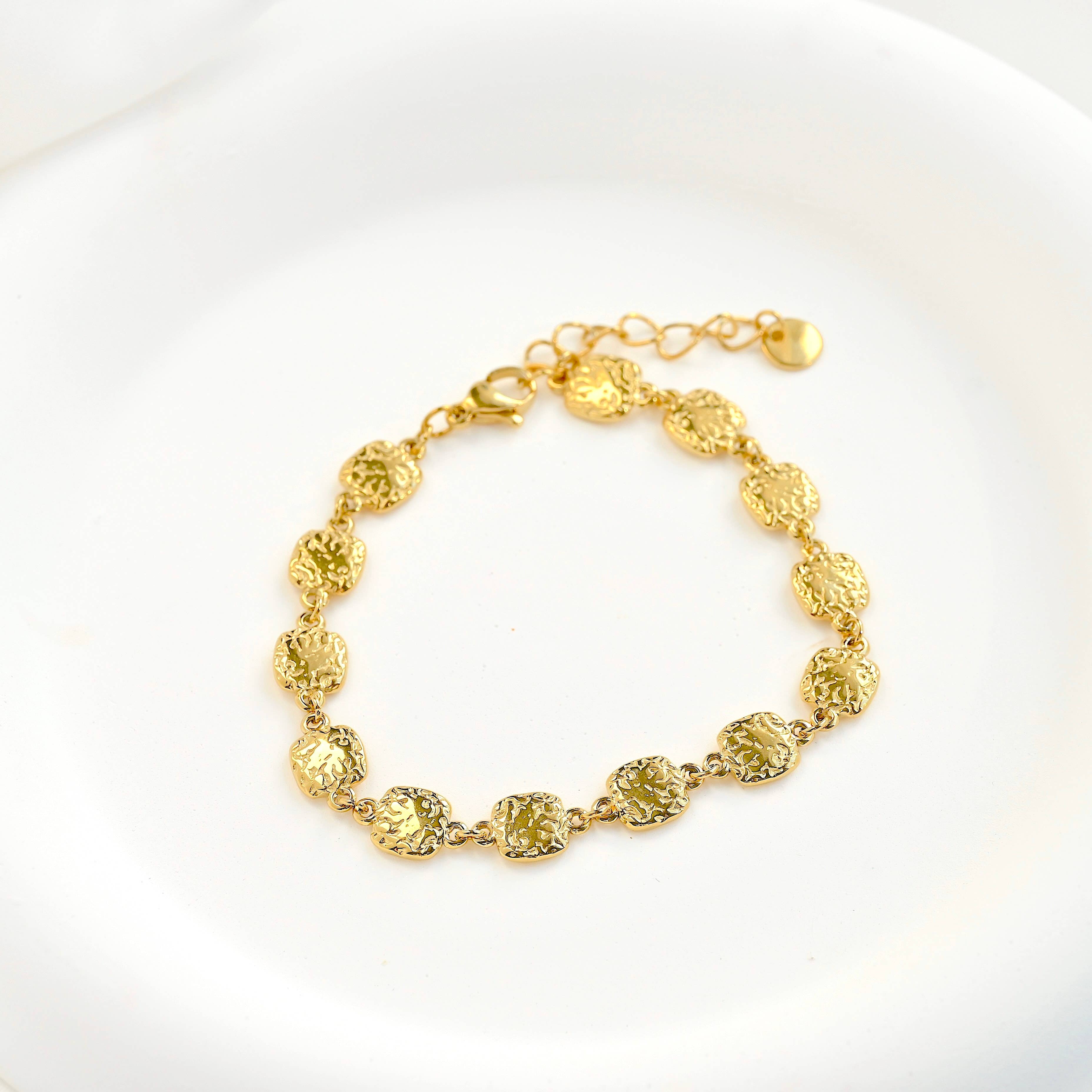 Hammered Square Bead Bracelet - 18k Gold Boho Gold Bracelet