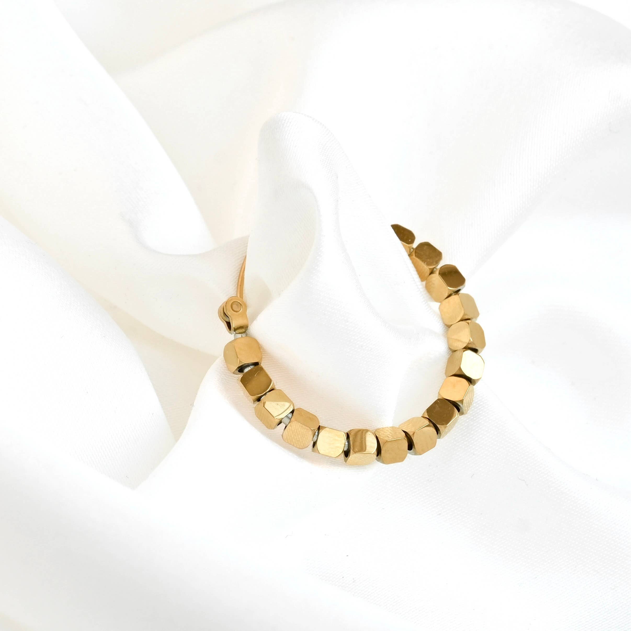 Blueyejewelry - Medium Gold Cube Bead Hoop Earrings- Stainless Steel