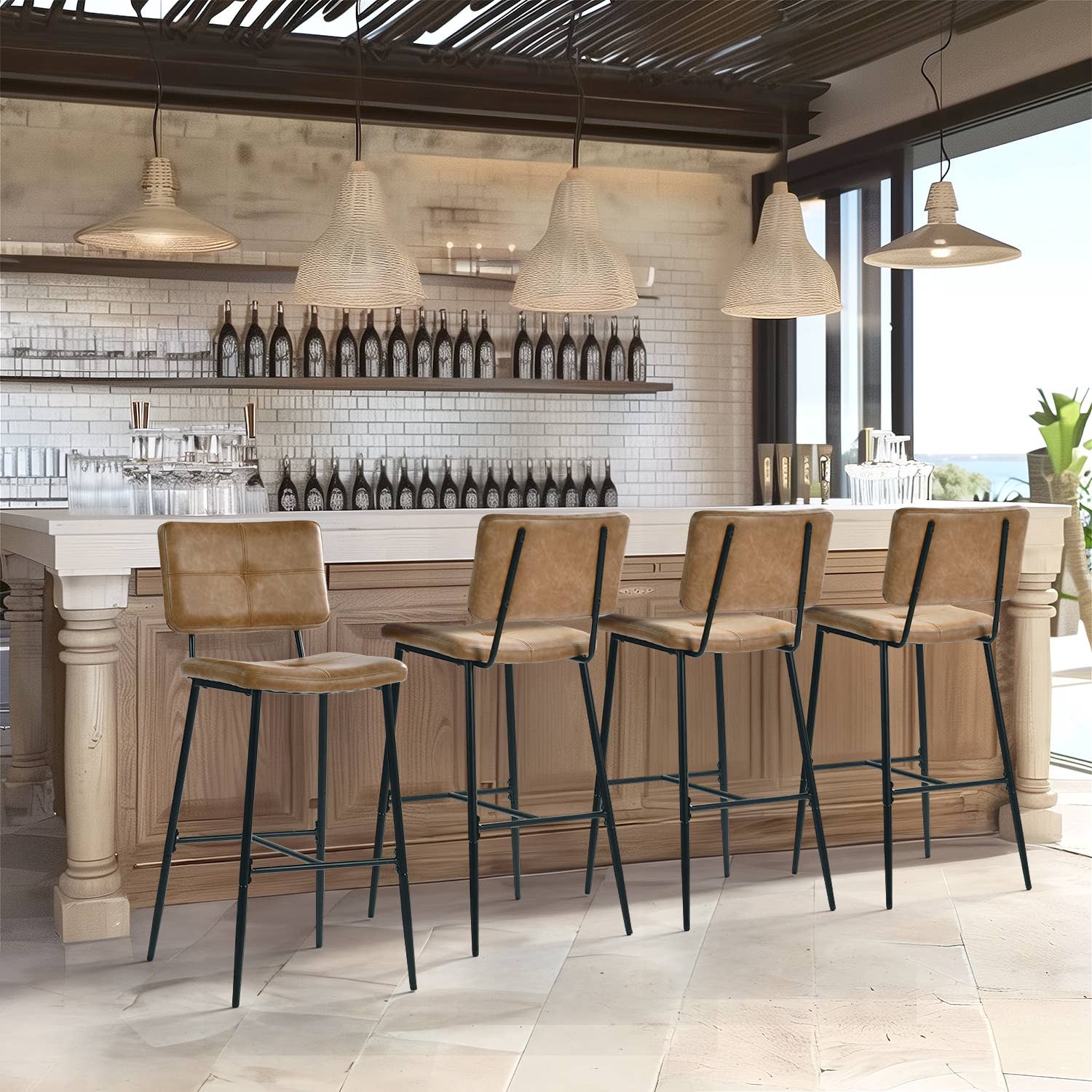 “This has to be pre-ordered, and shipping will take 2-3 weeks” Industrial Bar Stool with Cognac Faux Leather Upholstery